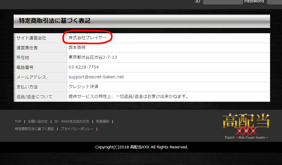 高配当XXXという競馬予想サイトの運営社は株式会社プレイヤー